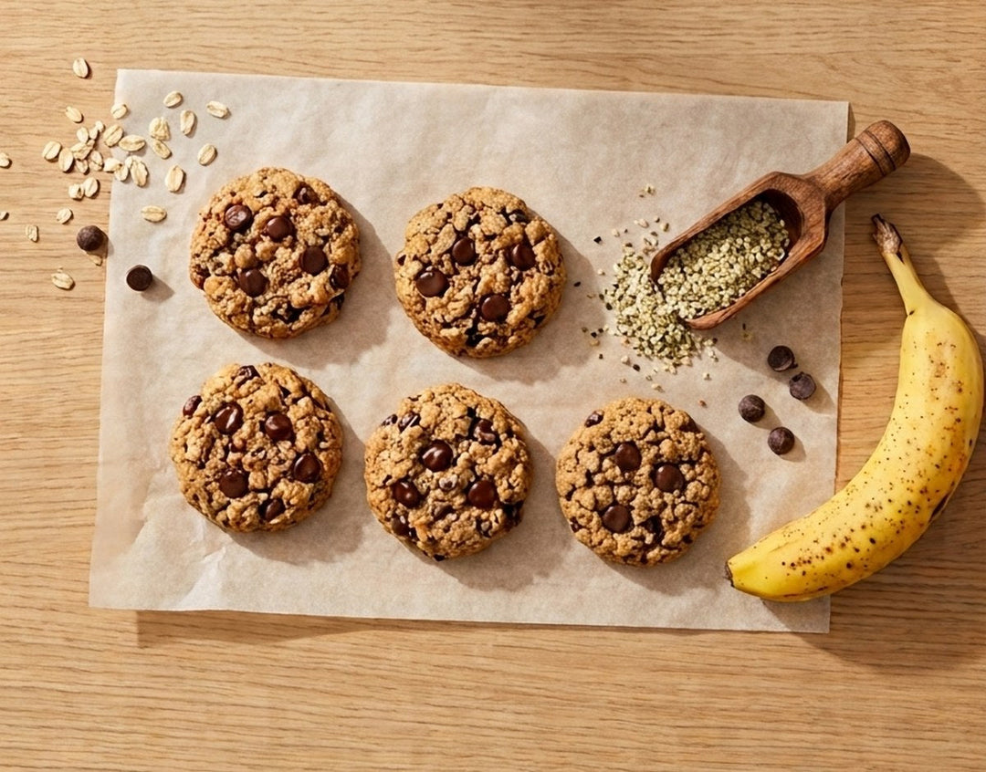 Protein cookies for picky eaters on parchment with oats, hemp hearts and a banana