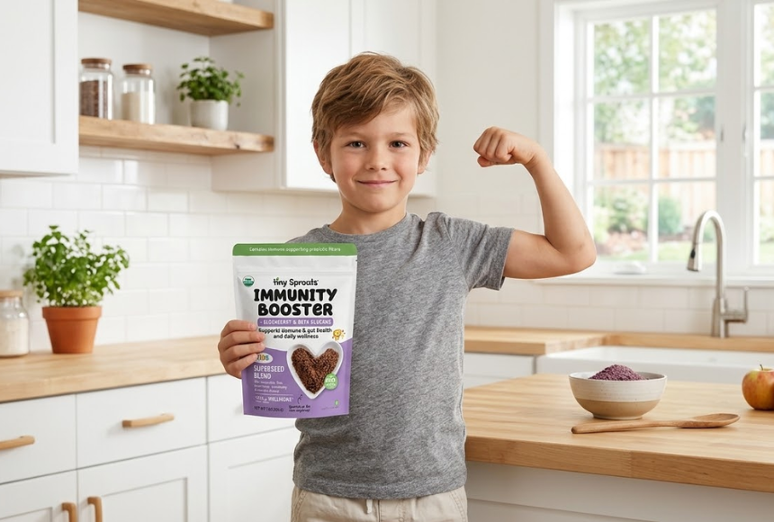 Little boy holding Tiny Sprouts Immunity Booster elderberry beta glucans fiber