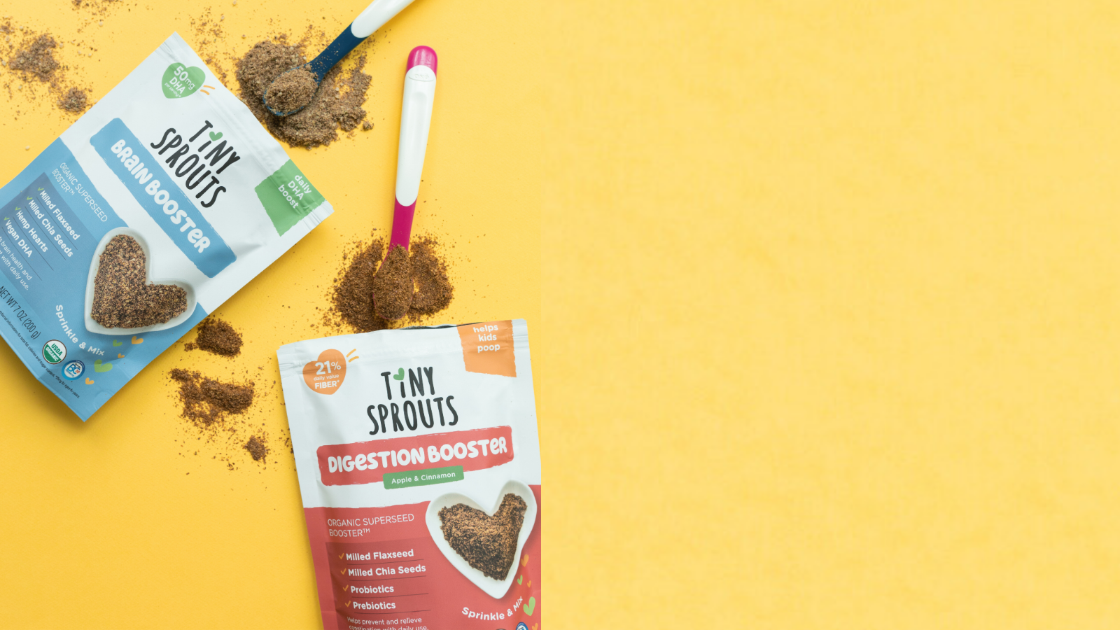 Tiny Sprouts Brain Booster with omega-3 DHA on a yellow background