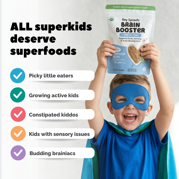 Boy holding Brain Booster: all superkids deserve superfoods