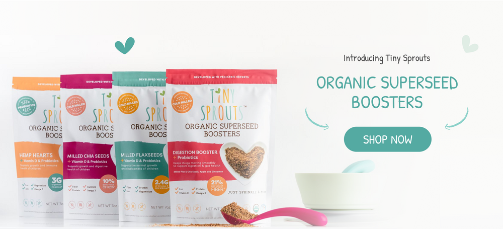 Tiny Sprouts Organic Superseed Boosters entire range of milled flaxseed, milled chia seed, hemp hearts and digestion booster. Boost nutrition in babies, toddlers and kids.